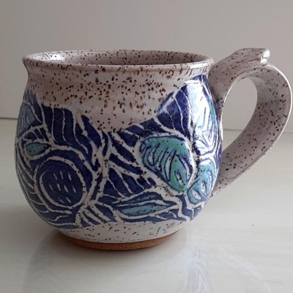 Stoneware Brown Speckled Blue Teal Leaves 12 Oz Mug Artist Signed Thorson